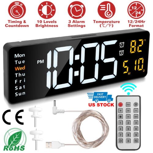 16" Digital LED Desk Alarm Clock Wall Clock Temperature Date Countdown Timer