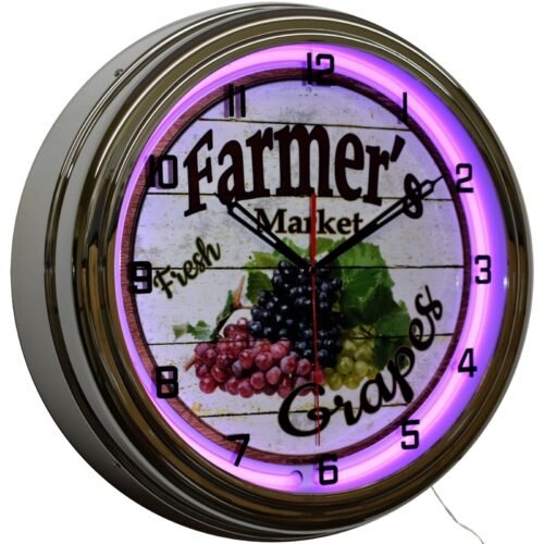 16" Farmer's Market Fresh Grapes Neon Clock Kitchen Diner Decor (Purple)