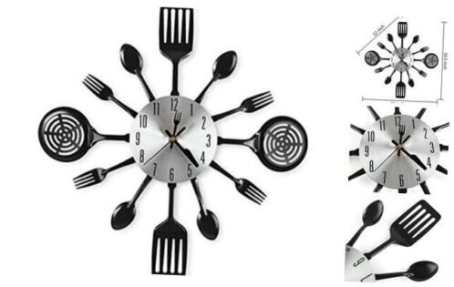 16 Inch Cutlery Kitchen Wall Clocks with Fork and Spoon Dial, Silent Black