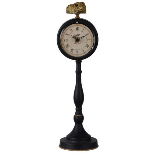 16 Inch Decorative Table Clock, Pedestal Stand, Black Metal, Stone Accent