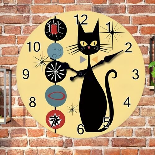 16 Inch Large Medieval Atomic Age Black Cool Cat Wooden Wall Clock,Silent