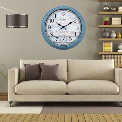 16 Inch Large Outdoor Clock Waterproof with Thermometer Retro Wall Clocks, Blue
