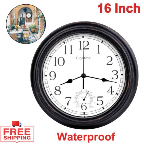 16 Inch Large Outdoor Clock Waterproof with Thermometer Retro Wall Clocks Bronze