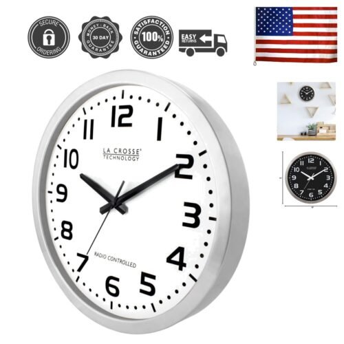 16 Inch Stainless Steel Atomic Clock, Analog, Silver