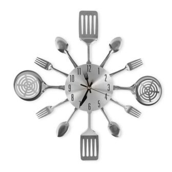 16 in. Silver Analog Cutlery Kitchen Wall Clock with Fork and Spoon...