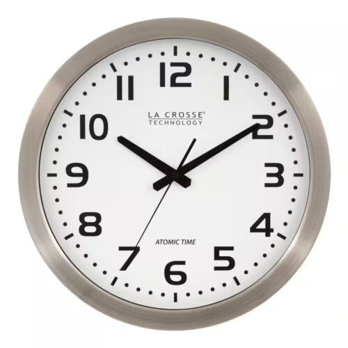 16 In. White Dial Brushed Silver Atomic Analog Wall Clock
