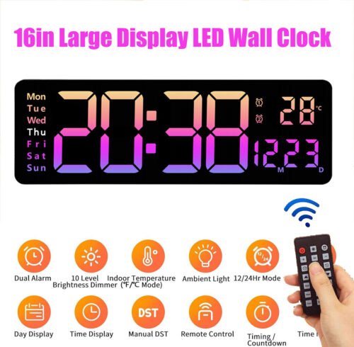 16" Large Digital Wall Clock with Remote, Large Display LED Wall Clock Timer
