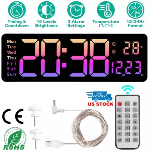 16" Large Digital Wall Clock w/Remote Control Large Display LED Wall Clock Timer