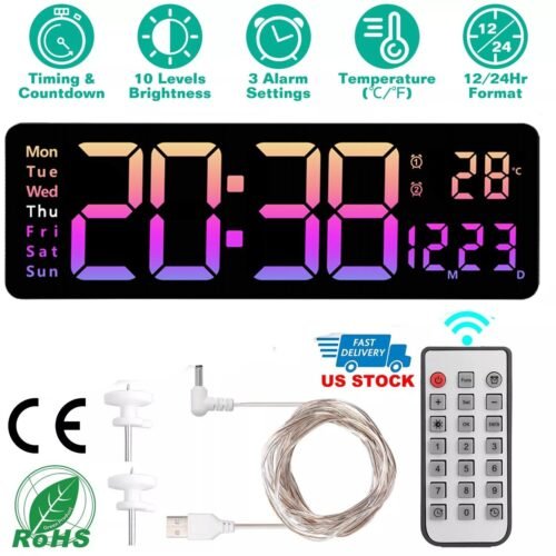 16" Large Digital Wall Clock w/Remote Control Large Display LED Wall Clock Timer
