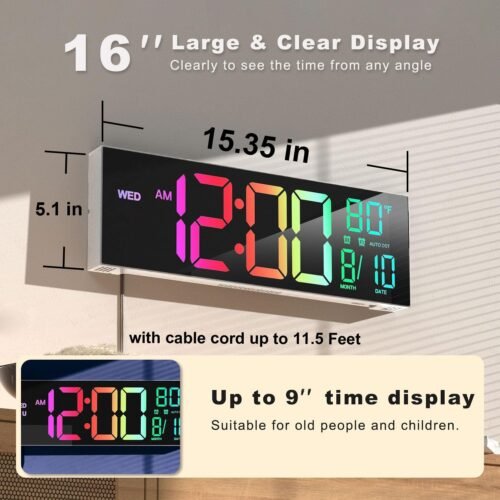 16" Large LED 8 RGB Digital Wall Mount Clock Count Down Timer w Remote Alarm DST