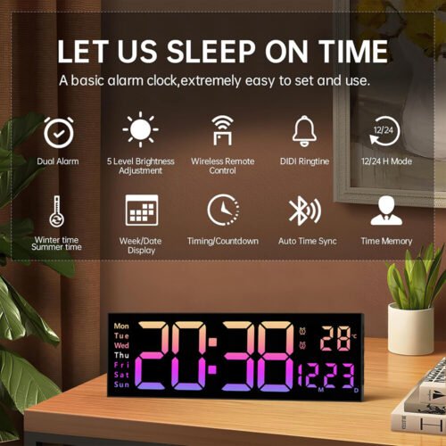16" Large LED Screen Dispaly Digital Wall Mount Clock With Remote Control Pink
