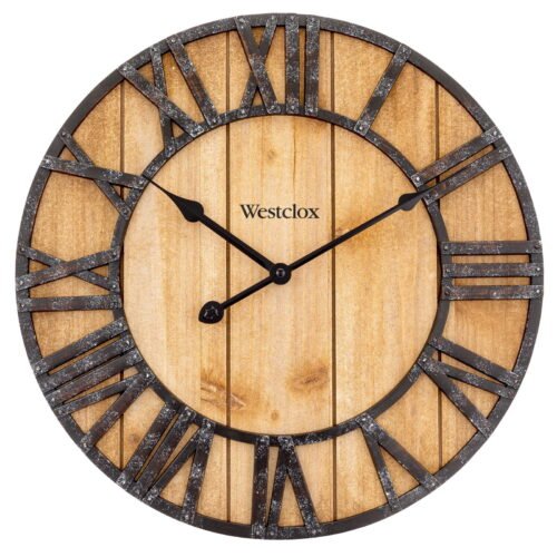 16" Natural Wood Grain Raised Roman Numerals & Iron Finish Analog QA Wall Clock