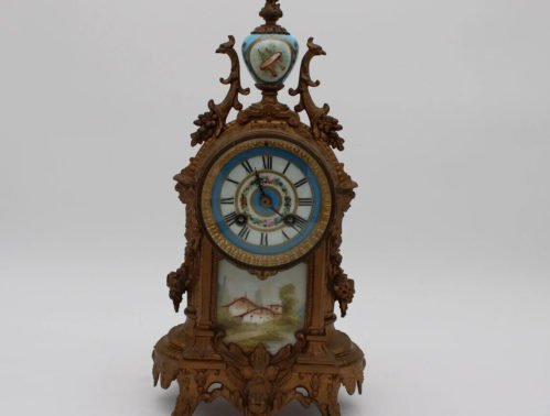 1800's French Louis XV Japy Freres Mantle Clock with Hand Painted Porcelain