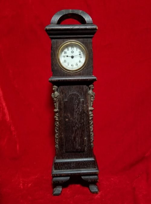 1850s 80s NEW HAVEN Artisan Wood Carved Miniature Grandfather DESK Antique Clock