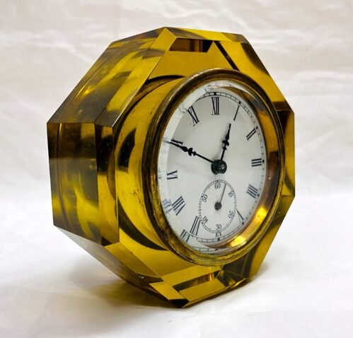 1880โs Victorian E.N. Welch โJewelโ Clock Paperweight Octagonal Amber Glass Case