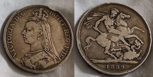 1890 VICTORIAN CROWN 0.925 Solid Silver Antique Coin Old Vintage Sterling Toned