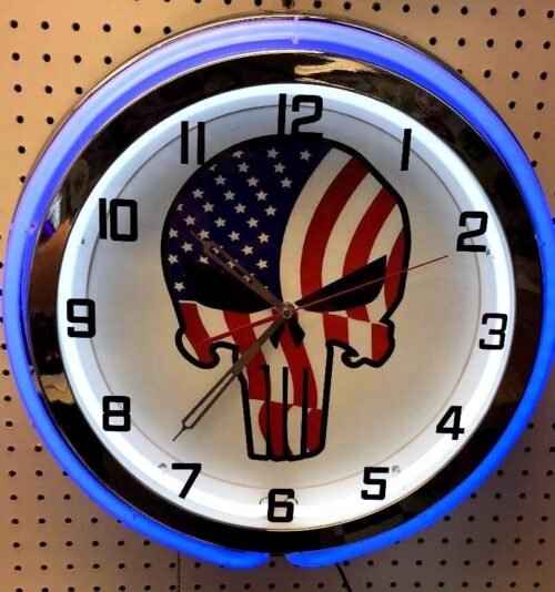 18" American Punisher Red White & Blue Sign Double Neon Clock