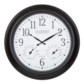 18 in. Indoor/Outdoor Dark Brown Atomic Analog Wall Clock with Temp and...