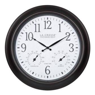 18 in. Indoor/Outdoor Dark Brown Atomic Analog Wall Clock with Temp and