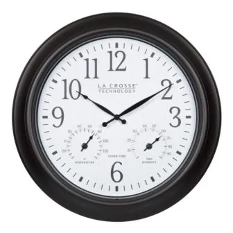 18 in. Indoor/Outdoor Dark Brown Atomic Analog Wall Clock with Temp and...