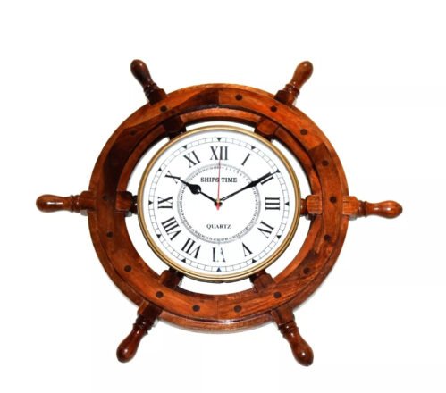 18" Ship's time captain's wall clock wooden wheel clock free shipping