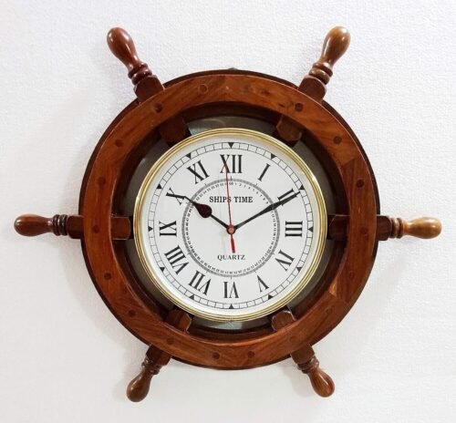 18" Wooden Ship Wheel Wall clock Antique Style Handmade Nautical Clock For Decor