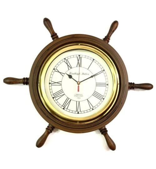 18" Wooden Ship Wheel Wall Clock – Nautical Vintage Decor for Home/Office