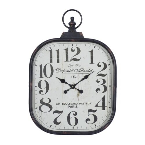 18" X 26" Black Metal Distressed Pocket Watch Style Wall Clock with Ring Finial