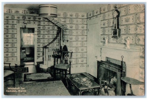 1950 Chimney, Pendulum Clock, Table, Whitehall Inn Camden Maine ME Postcard