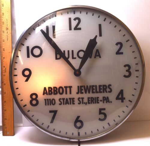 1950s Bulova VTG 15" Advertising Jeweler ERIE Light-Up Wall Clock Glass Bubble