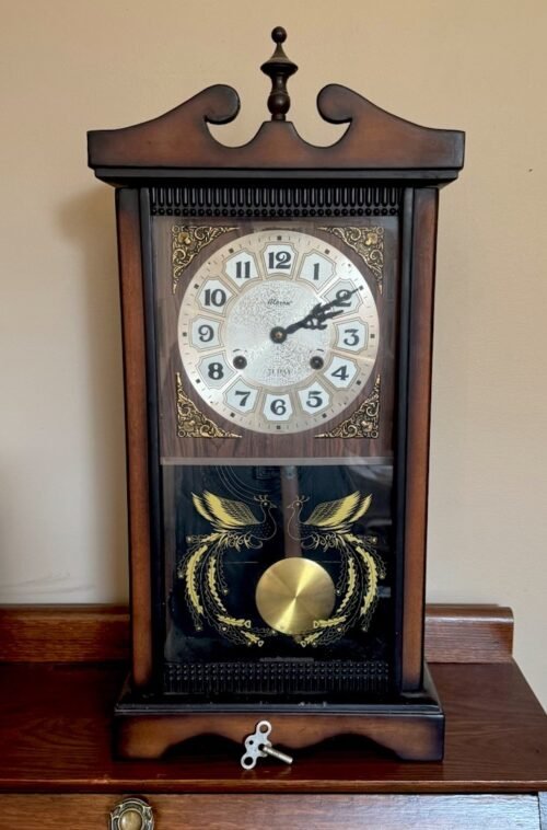 1960s Alaron 31 Day Wall or Mantel Pendulum Clock with Key-WORKS- Peacock Desig