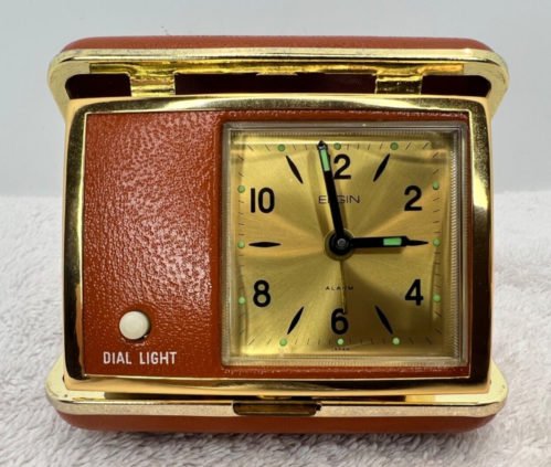 1960s Elgin Orange Travel Alarm Clock with Dual Light ~Folding Alarm Clock