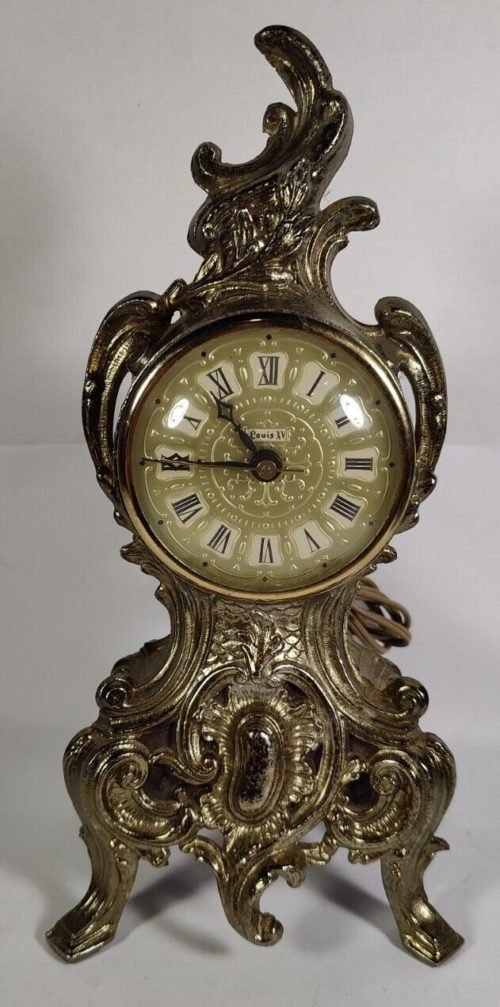 1960s Louis XV 12" Brass Mantel Clock Metal Decorative Shelf Electric Vtg Used