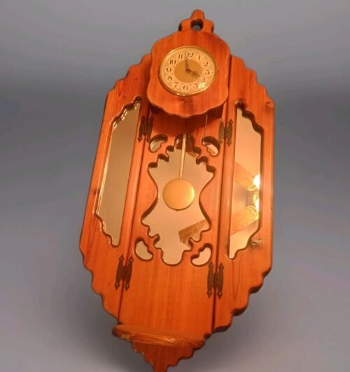 1970s Made on Earth 43" Wood Wall Clock w/Mirror Doors MCM Retro w/ Pendulum