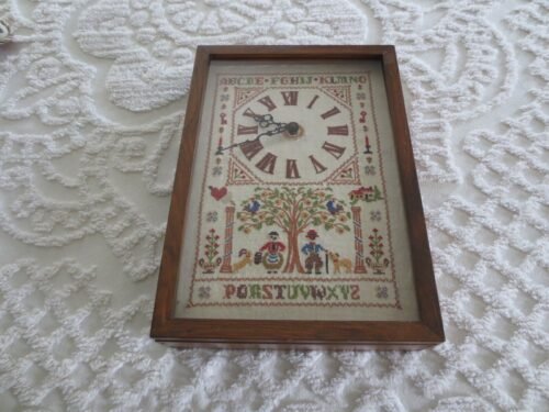 1970's Shadow Box CABINET Country FOLK ART CROSS STITCH Wall CLOCK - 11" x 15.5"
