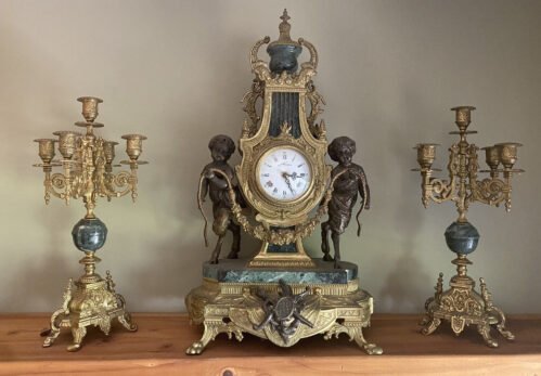1970 Vintage 3p Brevettato Italian Brass MarBle Ormolu Candelabra Mantel Clock