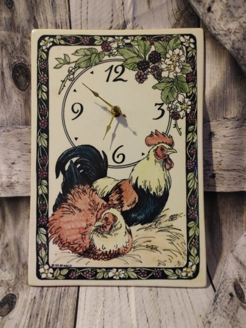 1987 SANTA BARBARA CERAMIC DESIGN ROOSTER & HEN LRG WALL CLOCK SBCD 12"x8"