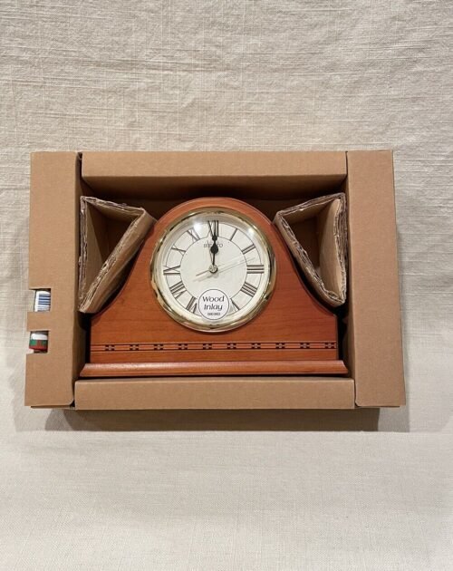 1994 Seiko Quartz Wooden Inlay Mantel Desk Table Clock Red Wood 5in Tall