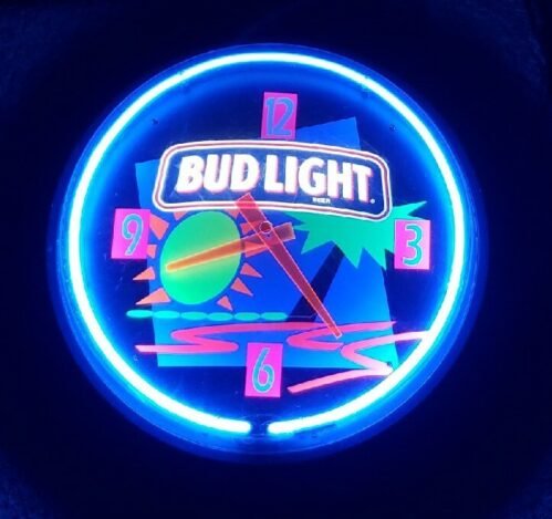 19" BUD LIGHT Neon Clock TROPICAL Design - by EVERBRITE Tested and Working 1994
