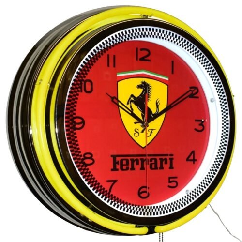 19" Ferrari The Racing Horse Double Neon Clock Man Cave Garage Decor (Yellow)