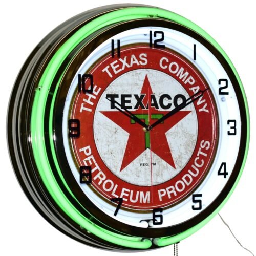 19" TEXACO Petroleum Products Sign Gasoline Motor Oil Double Neon Clock (Green)