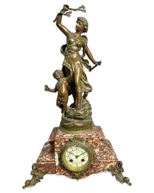 19th Antique French Bronzed Lady Goddess & Child Statue Old Japy Mantel Clock