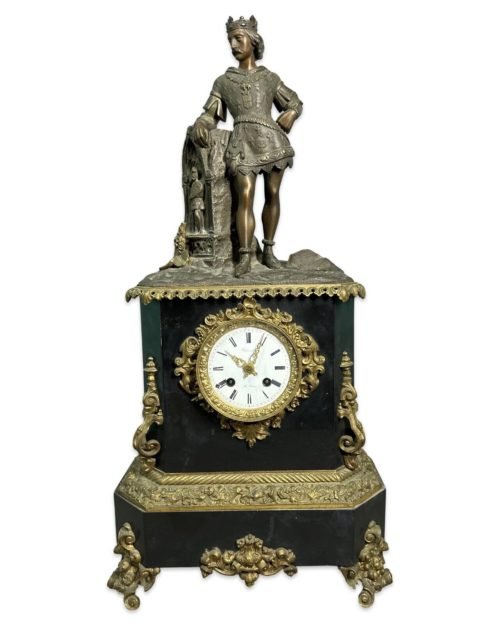 19thC Antique FRENCH VICTORIAN BRONZE Old KING KNIGHT STATUE Slate MANTEL CLOCK