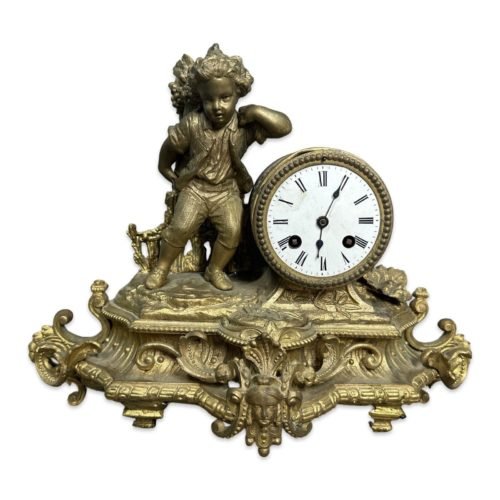 19thC Antique VICTORIAN Era FARM CHILD STATUE Figural Spelter MANTEL Old CLOCK