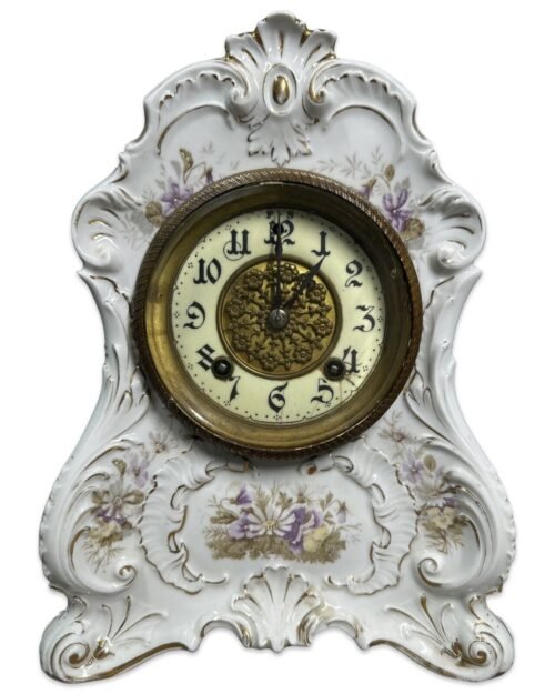 19thC Antique VICTORIAN NEW HAVEN Old CERAMIC / PORCELAIN Floral MANTEL CLOCK