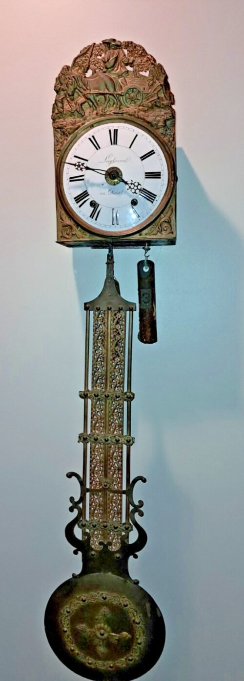 19TH CENTURY FRENCH BRASS ENAMEL DIAL COMTOISE WALL CLOCK LE DORAT FRANCE