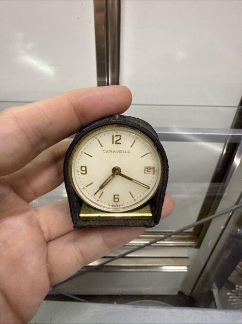 1A Vintage CARAVELLE Swiss 7 Jewels Mini Travel Alarm Brass Clock Date + Case