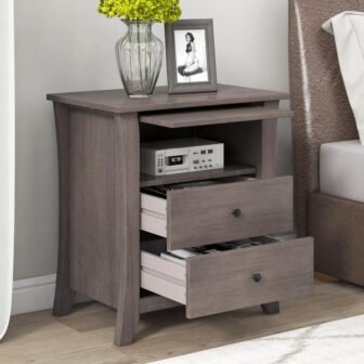 2-Drawer Gray Pine Wood Multi-Functional Storage Nightstand w/Open Cabinet (25.2 in. H...