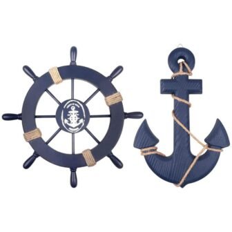 2-Piece 11 in. x 11 in. Blue Nautical Wooden Ship Wheel and...