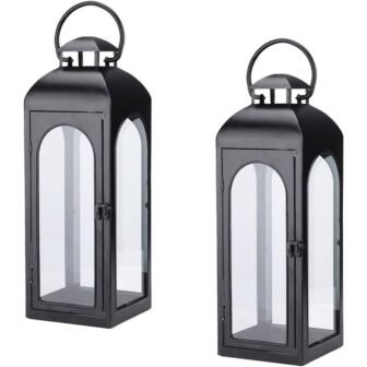 2-Piece 16 in. Black Metal Lantern, Clear Glass Panels for Garden Living...